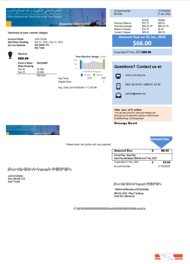 Morocco National Bureau of Electricity utility bill Word and PDF template